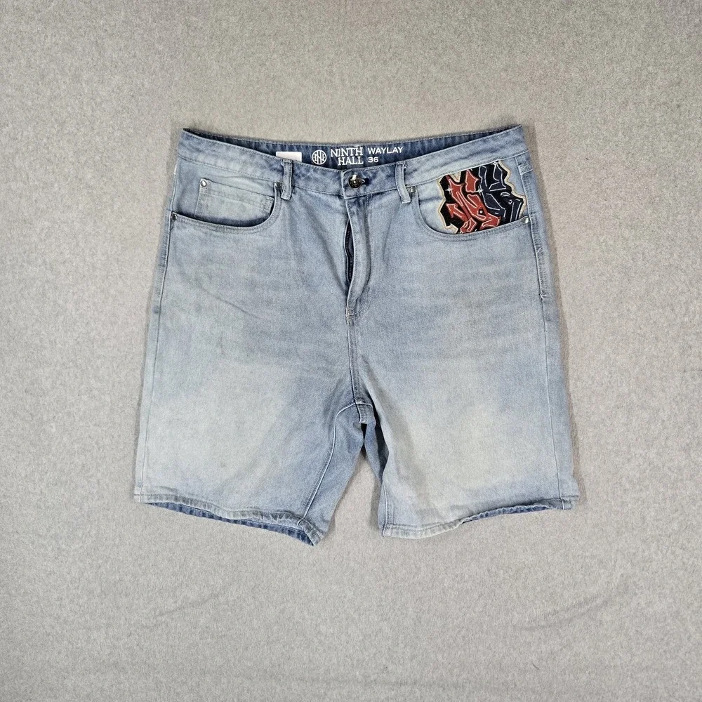 Ninth Hall Men Shorts 36 Light Blue Denim Y2K Grunge Embroidered Graphic Skull